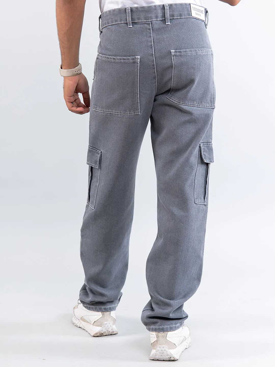 Grey Straight Fit Cargo Denim Jeans