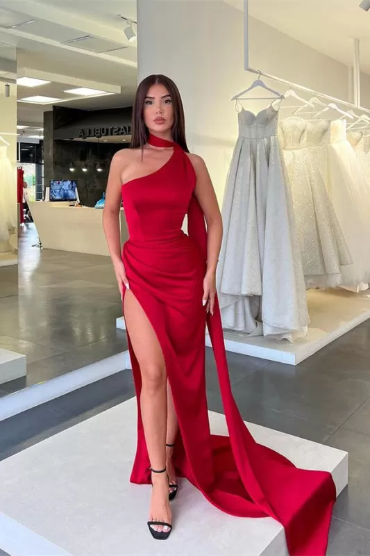 High Collar Red Mermaid Slit Prom Dress With Ruffles