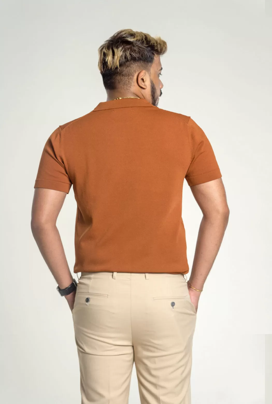 Knit  Polo Tee - Cinnamon Brown Open Collar