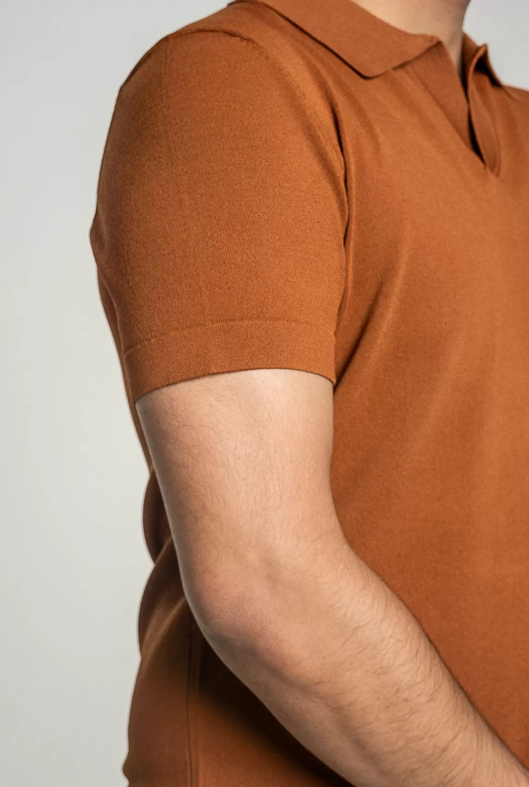 Knit  Polo Tee - Cinnamon Brown Open Collar