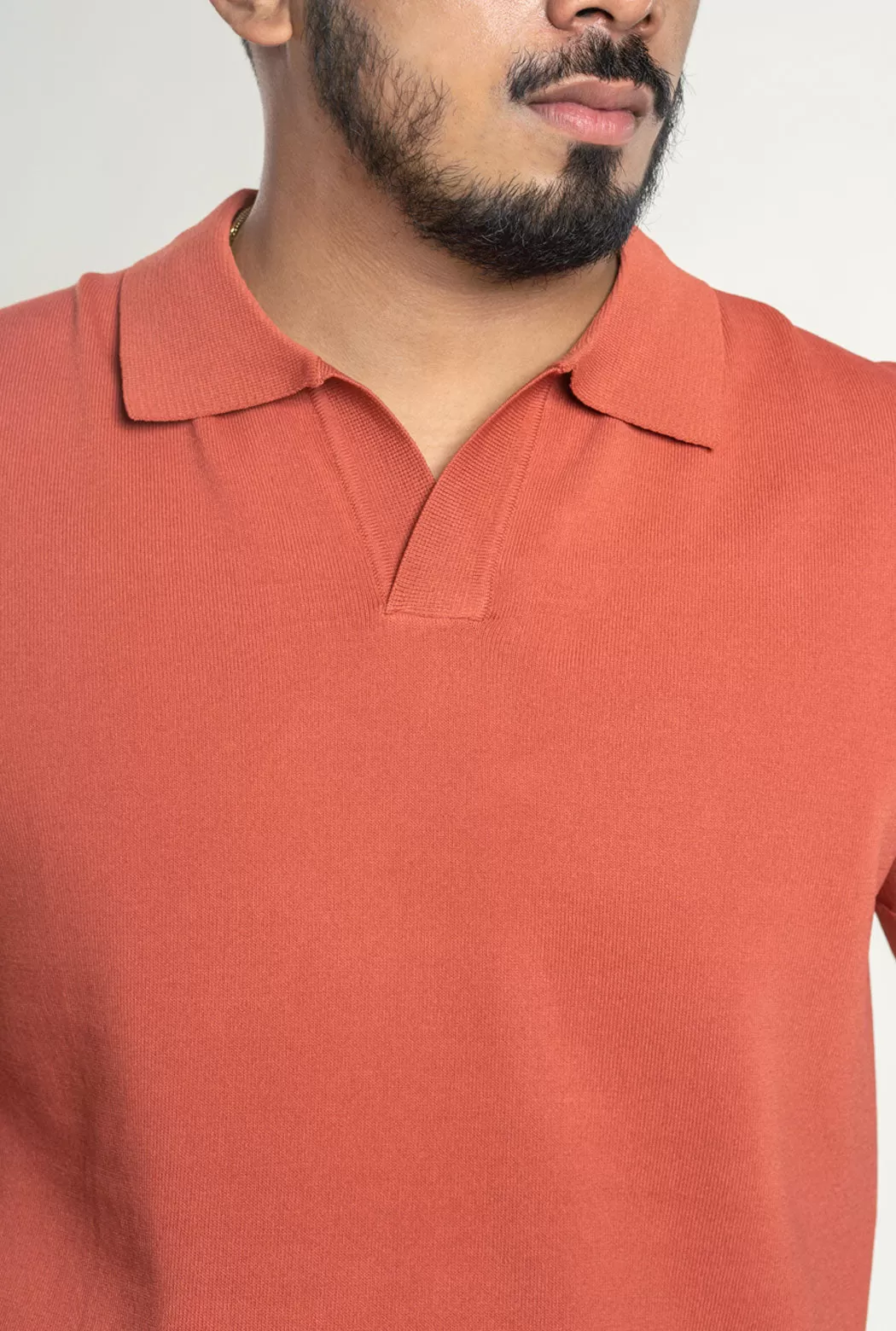 Knit  Polo Tee - Salmon Pink Open Collar