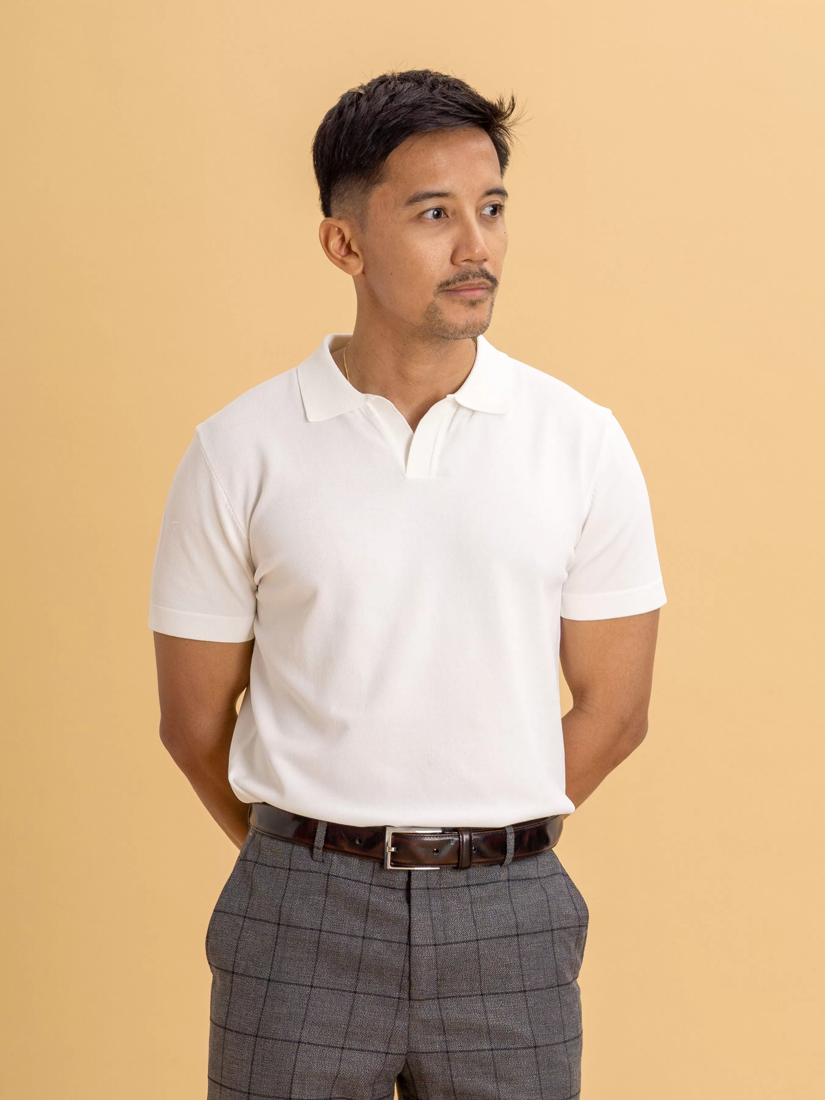 Knit  Polo Tee - White Open Collar