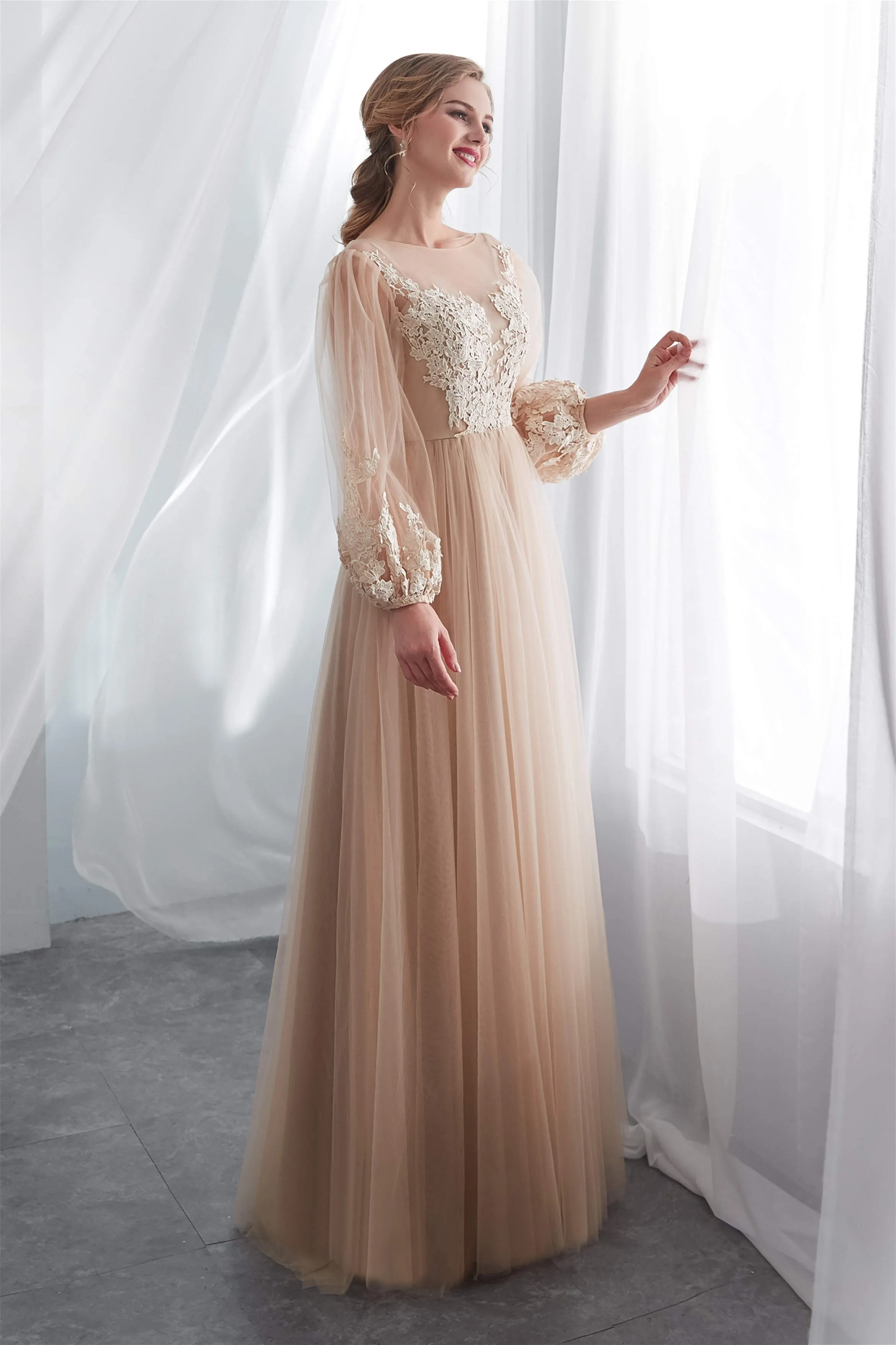 Lantern Sleeve Champagne Appliques Long Prom Dresses