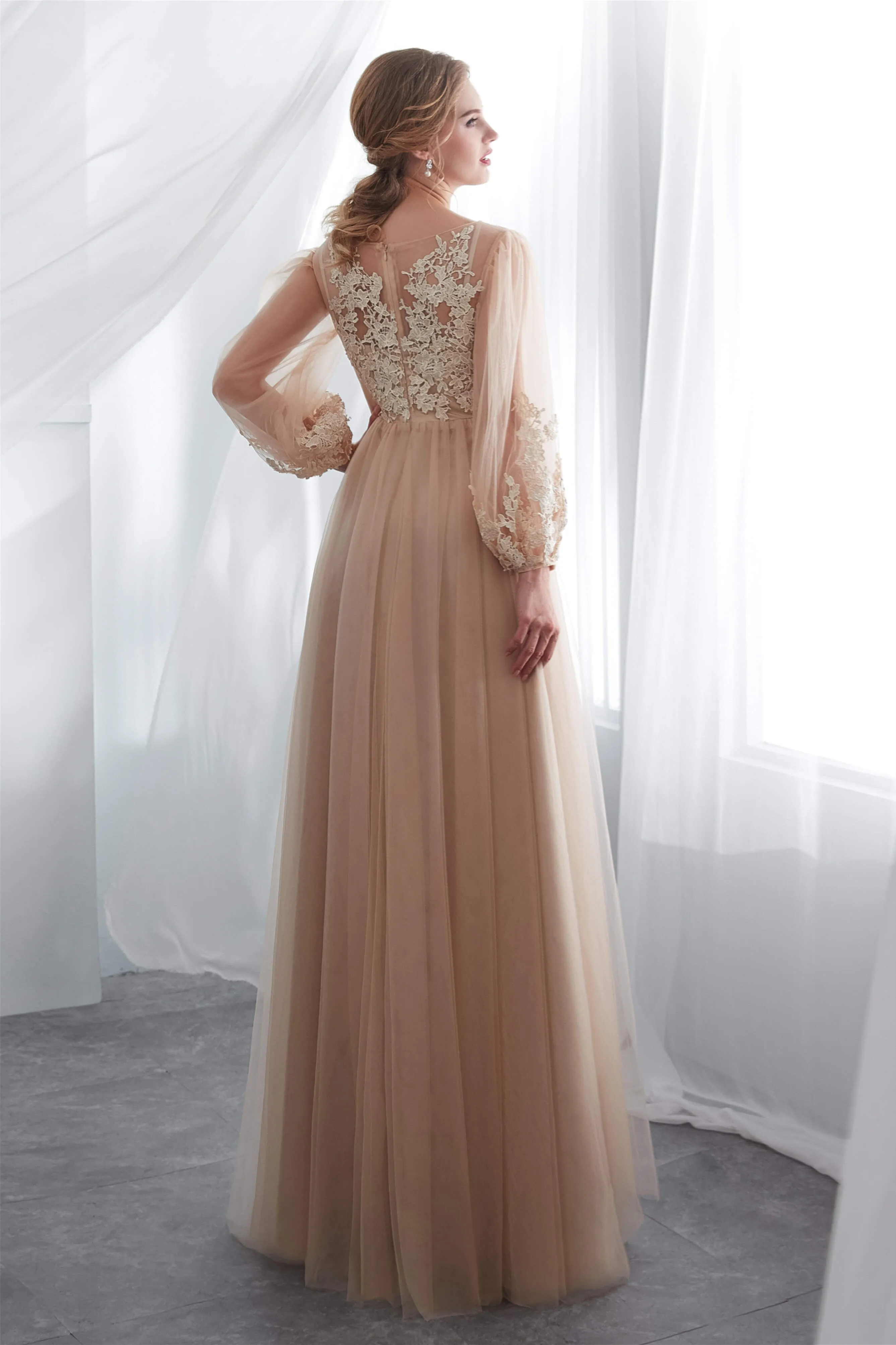 Lantern Sleeve Champagne Appliques Long Prom Dresses