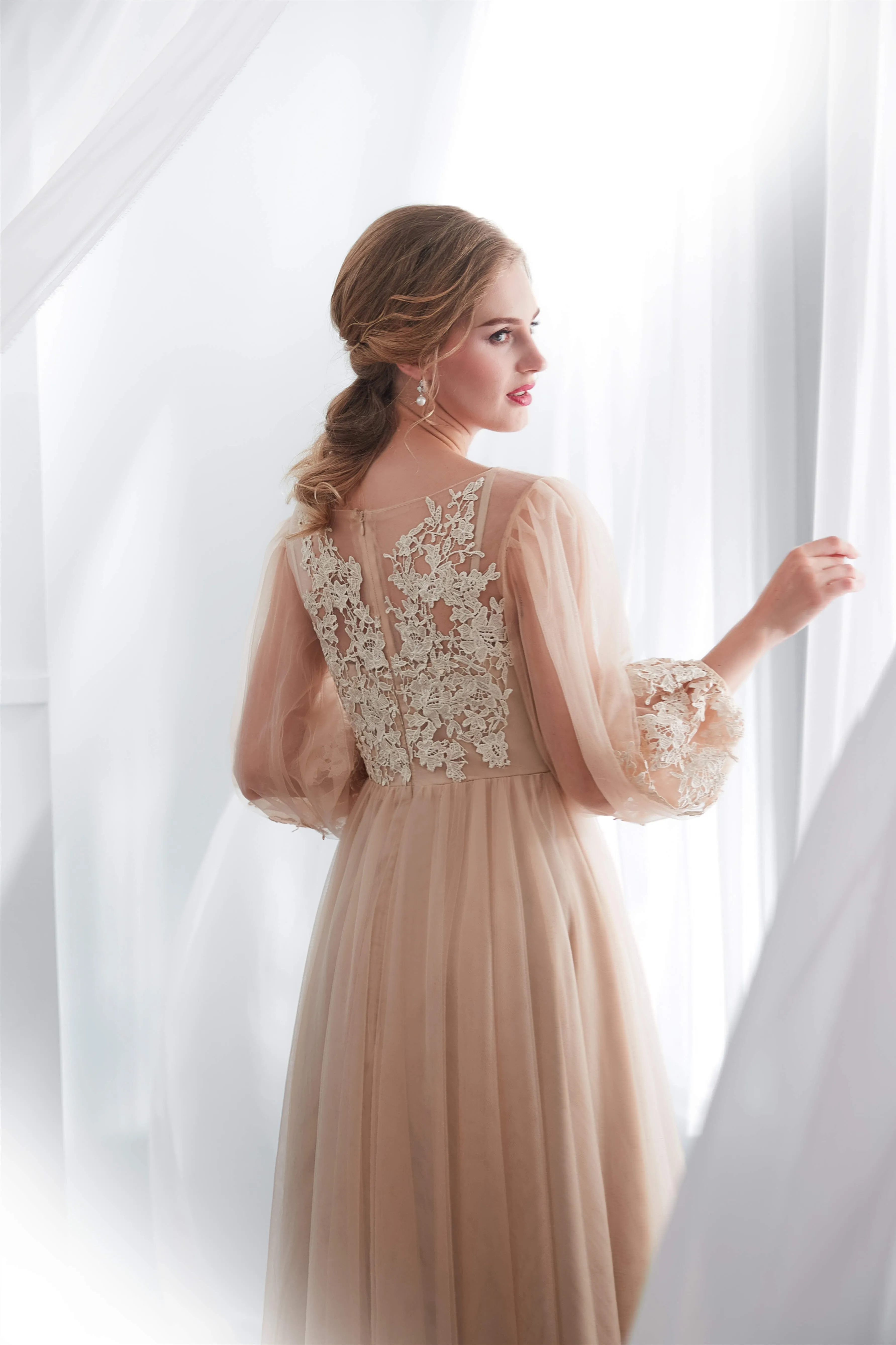 Lantern Sleeve Champagne Appliques Long Prom Dresses