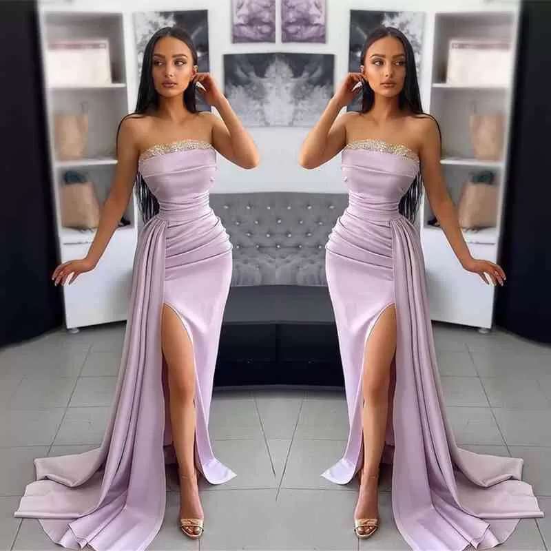 Lavender Evening Dress: Off-the-Shoulder, Sleeveless, Pleated with Applique Slit