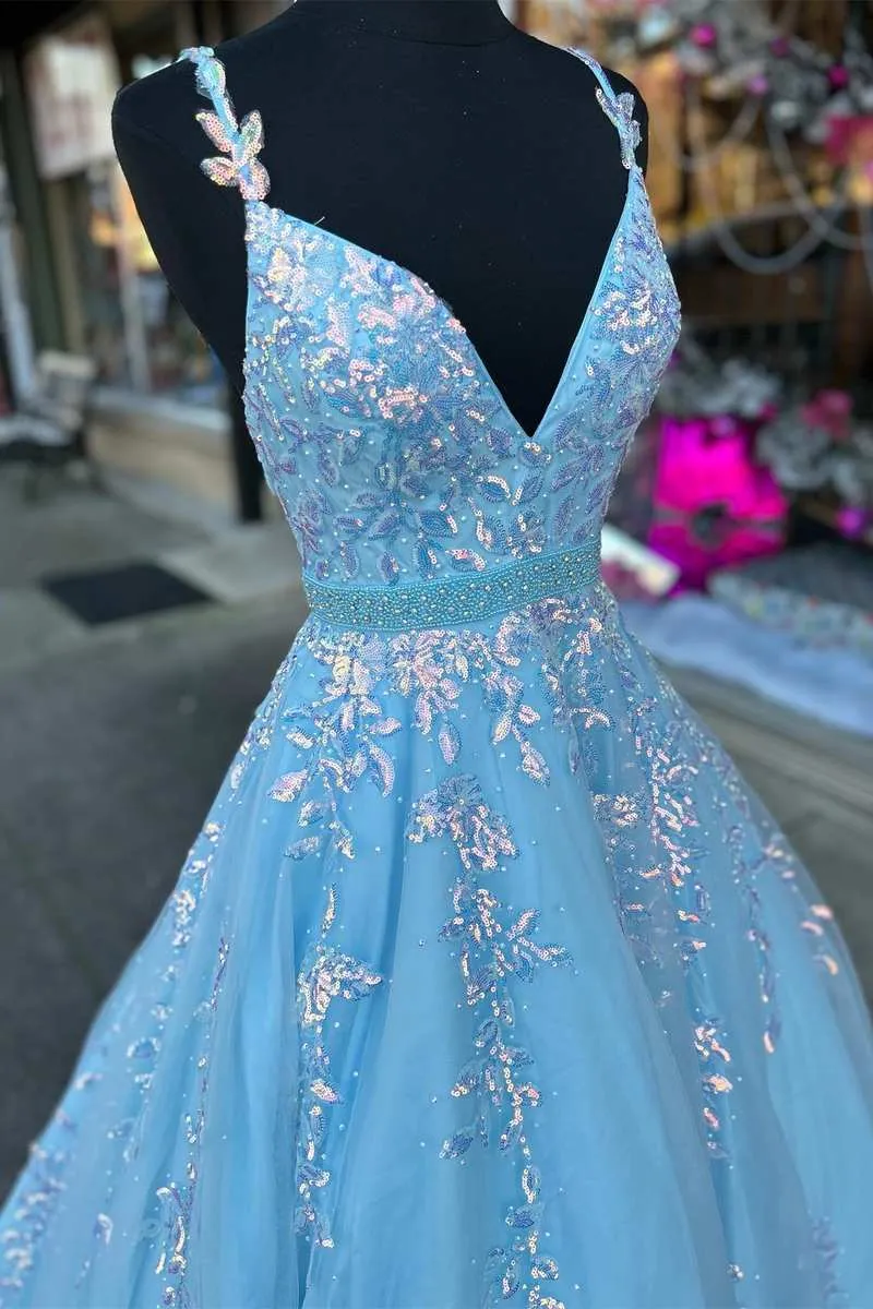 Light Blue Appliques V-Neck Belted A-Line Prom Gown