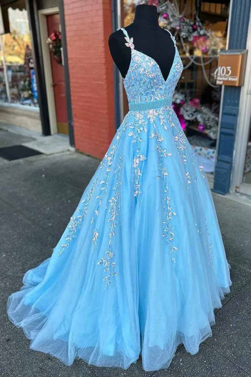 Light Blue Appliques V-Neck Belted A-Line Prom Gown