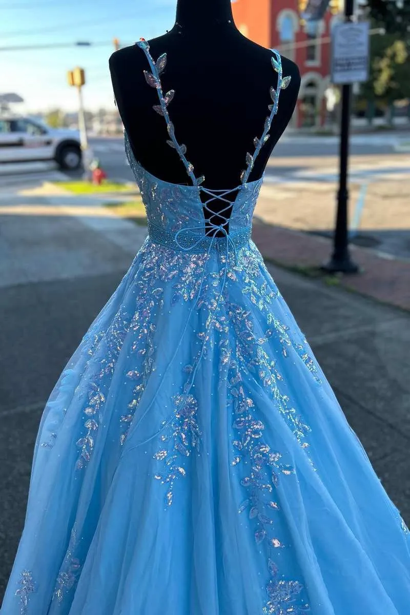 Light Blue Appliques V-Neck Belted A-Line Prom Gown