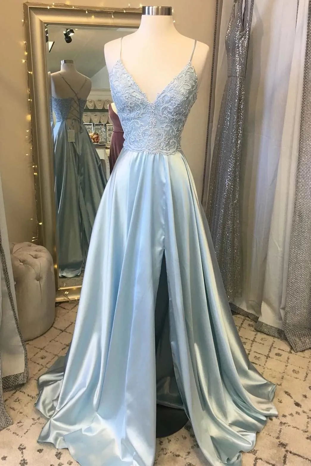 Light Blue Lace Lace-Up Back A-Line Prom Dress with Slit