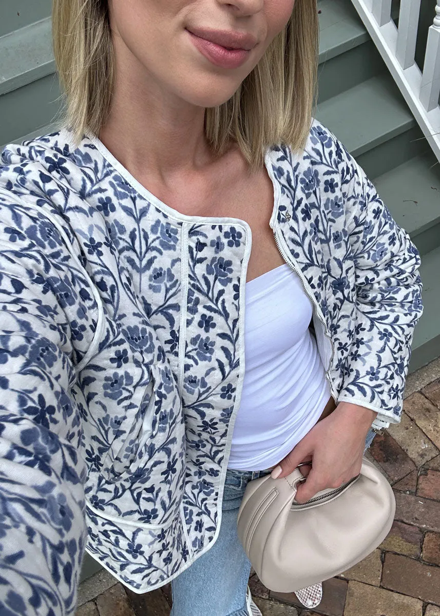 Lillian Floral Quilted Jacket - White & Blue