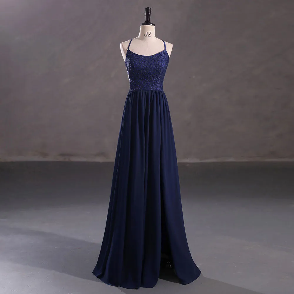 Long Navy Chiffon Formal Prom Dress with Side Slit EN5404