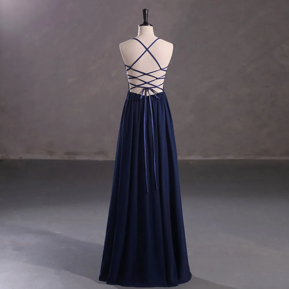 Long Navy Chiffon Formal Prom Dress with Side Slit EN5404