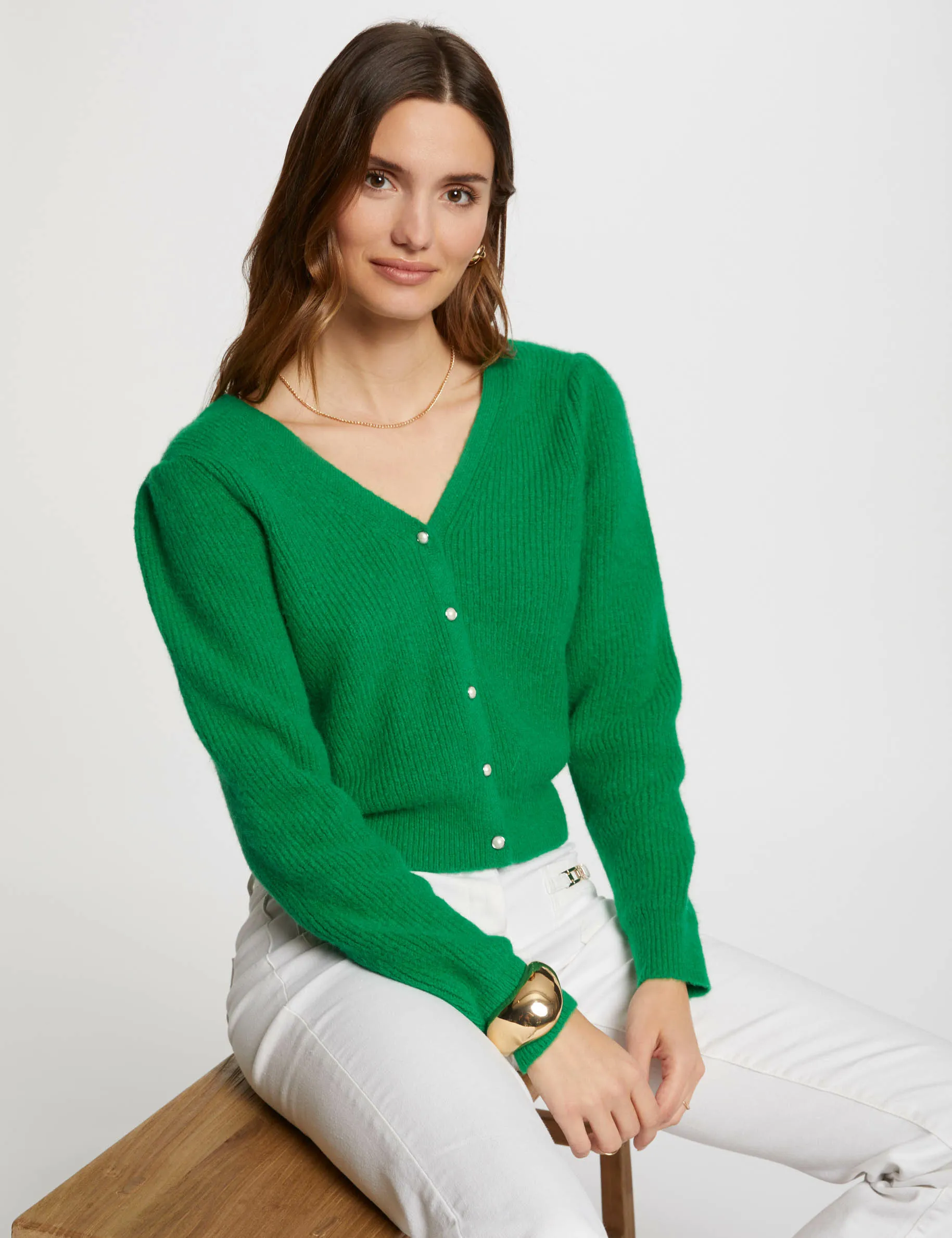 Long-sleeved cardigan V-neck green women