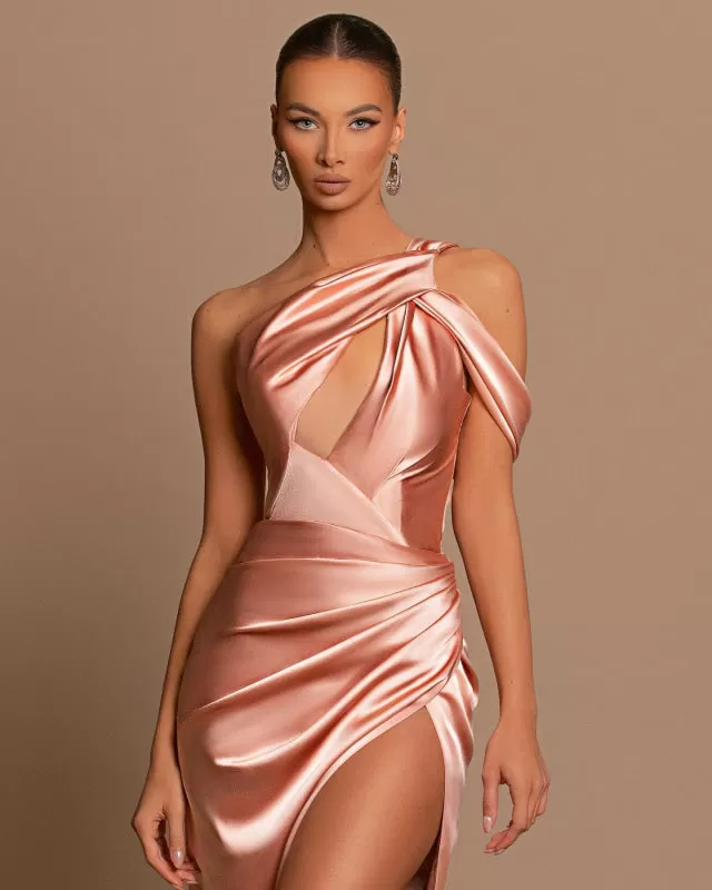 Lotus Root Pink Sleeveless Strapless Evening Dress with Elegant Pleated Slit