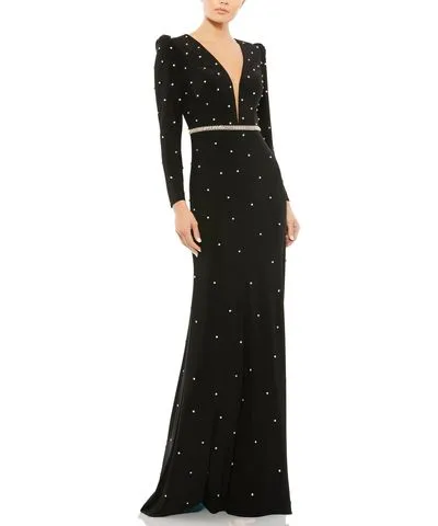 Mac Duggal Womens Rhinestone Illusion Evening Dress