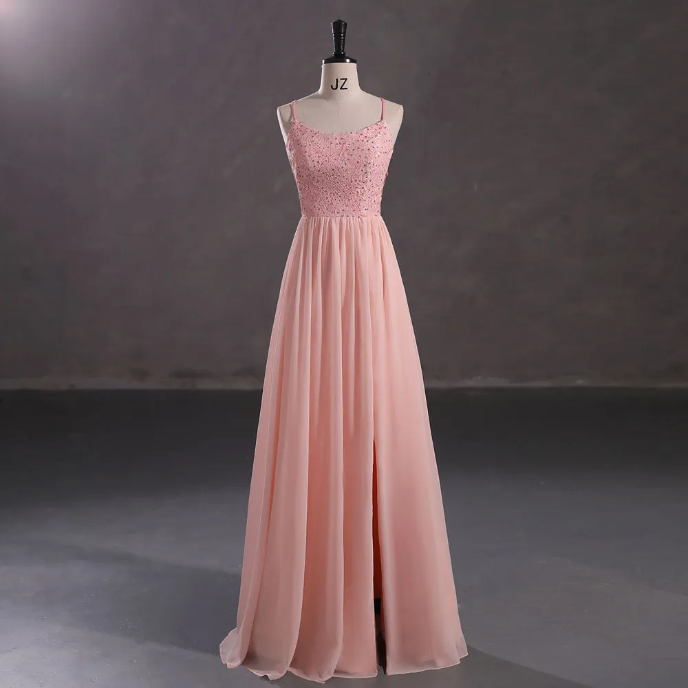 Maxi Peach Chiffon Formal Prom Dress with Side Slit EN5404