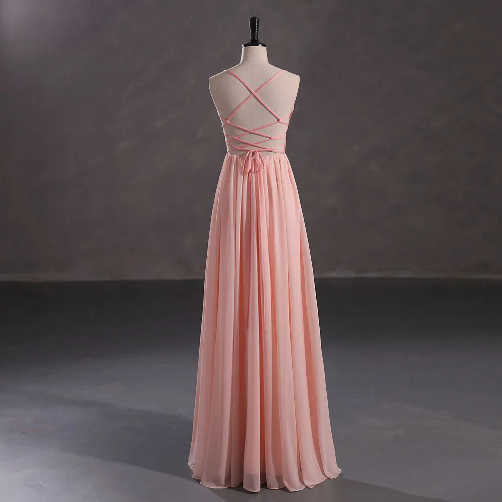 Maxi Peach Chiffon Formal Prom Dress with Side Slit EN5404