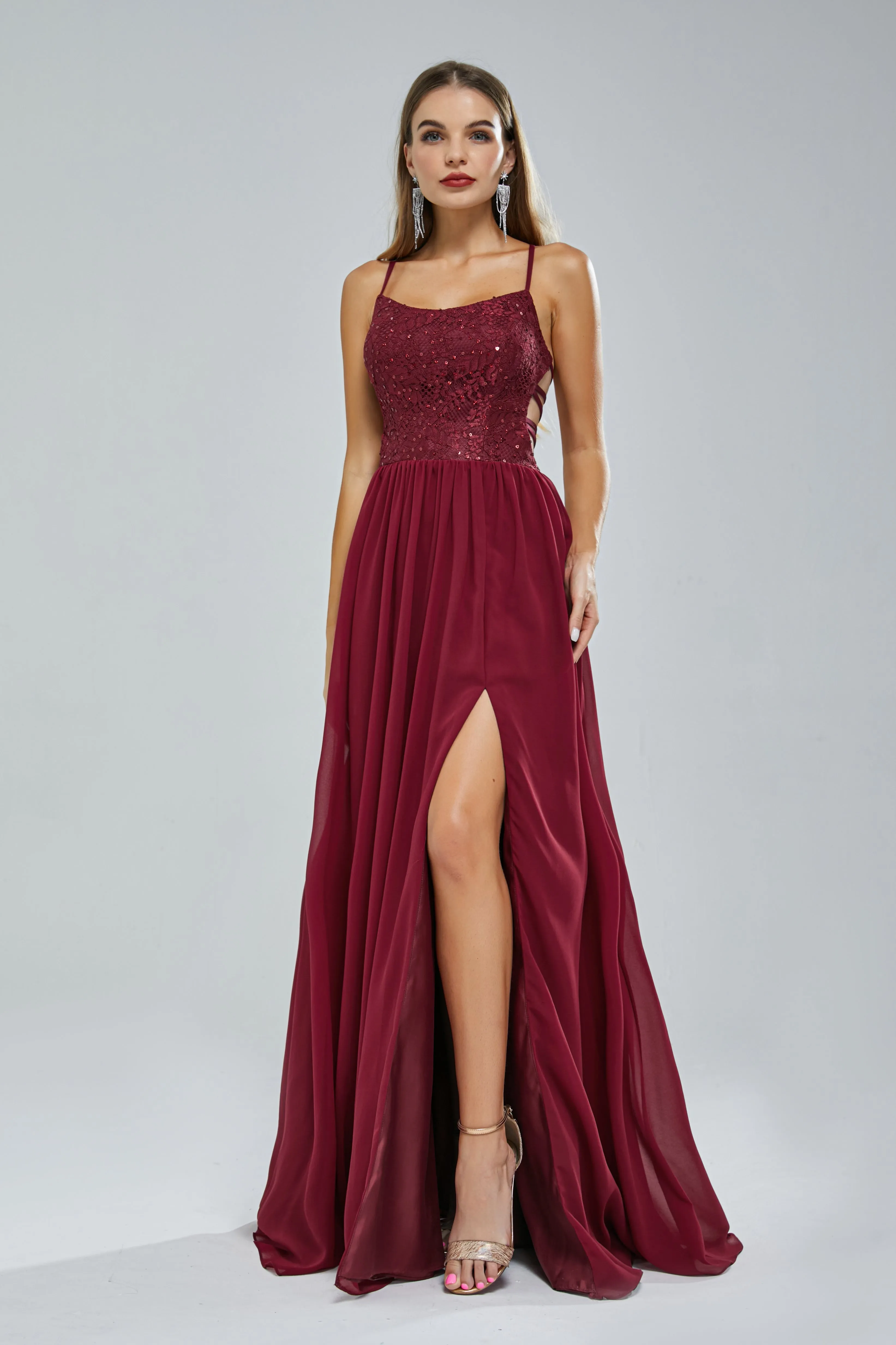 Maxi Peach Chiffon Formal Prom Dress with Side Slit EN5404