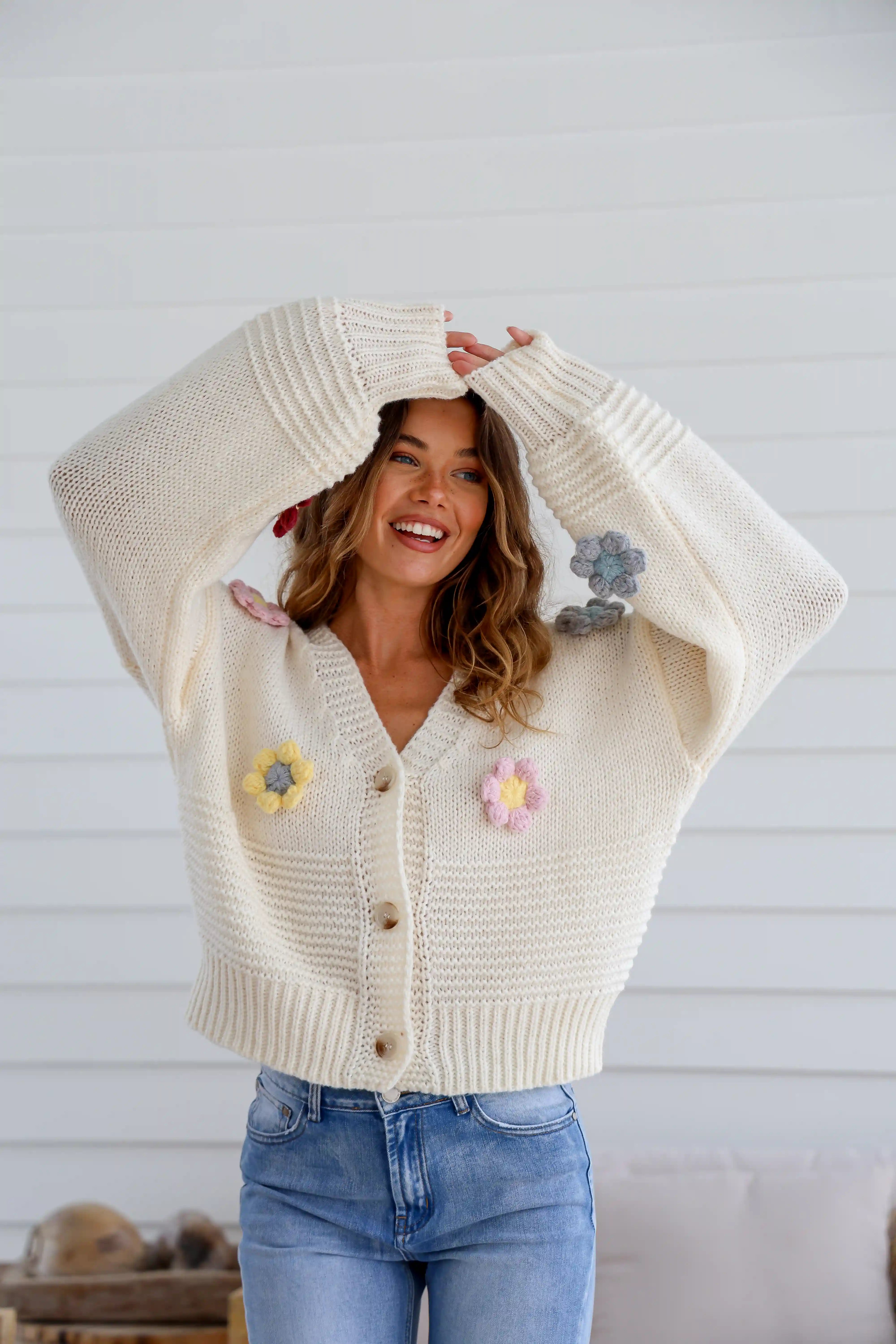 Mayfair Flower Knit Cardigan - Winter White