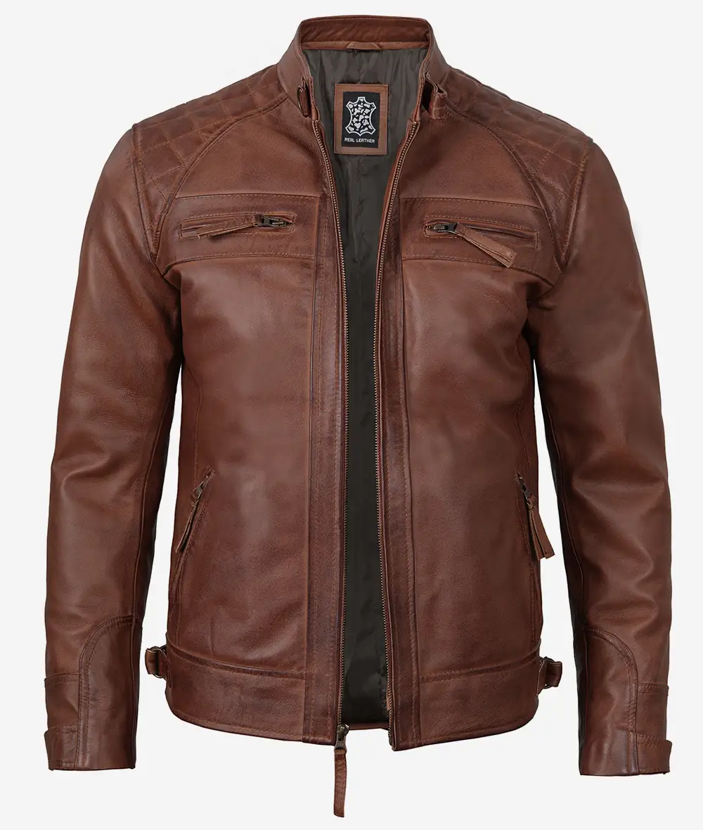 Men's Cognac Brown Quilted Biker Leather Jacket