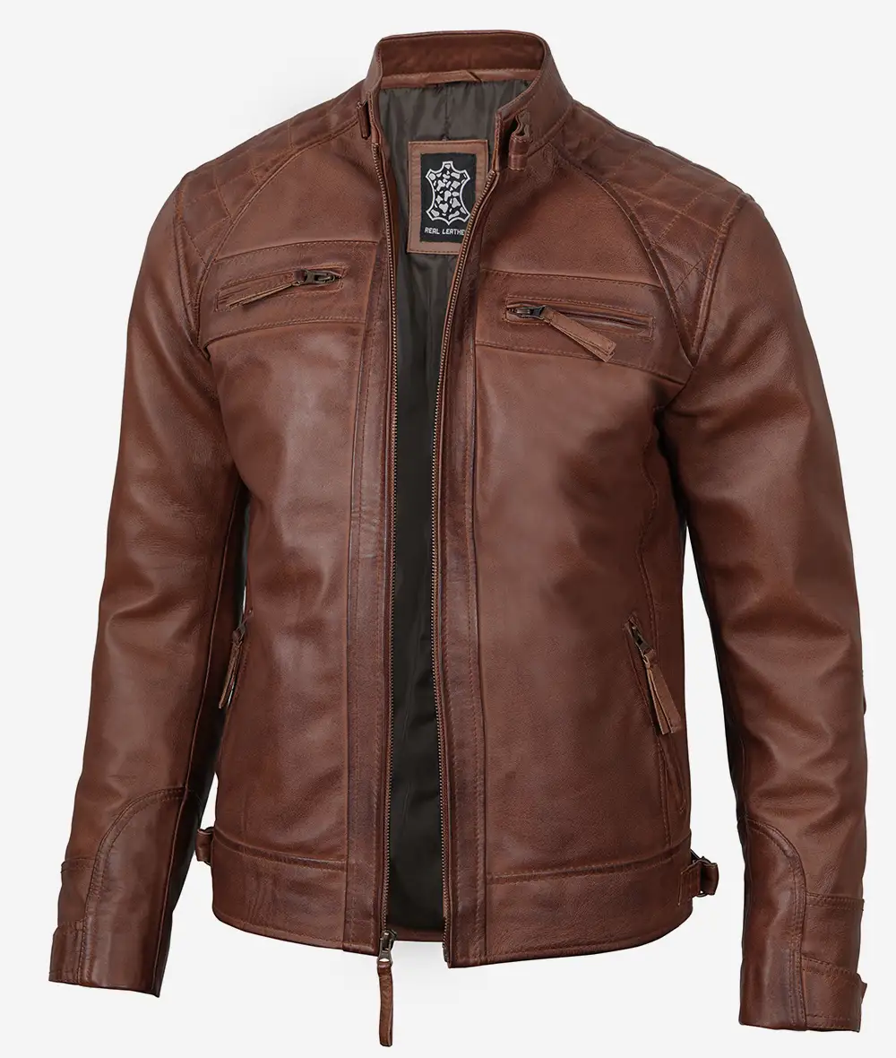 Men's Cognac Brown Quilted Biker Leather Jacket