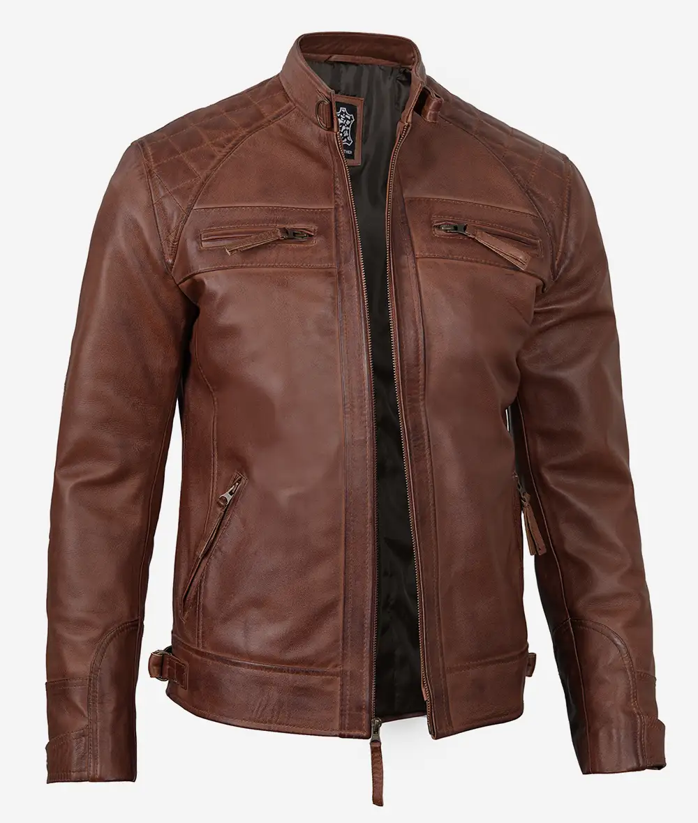 Men's Cognac Brown Quilted Biker Leather Jacket