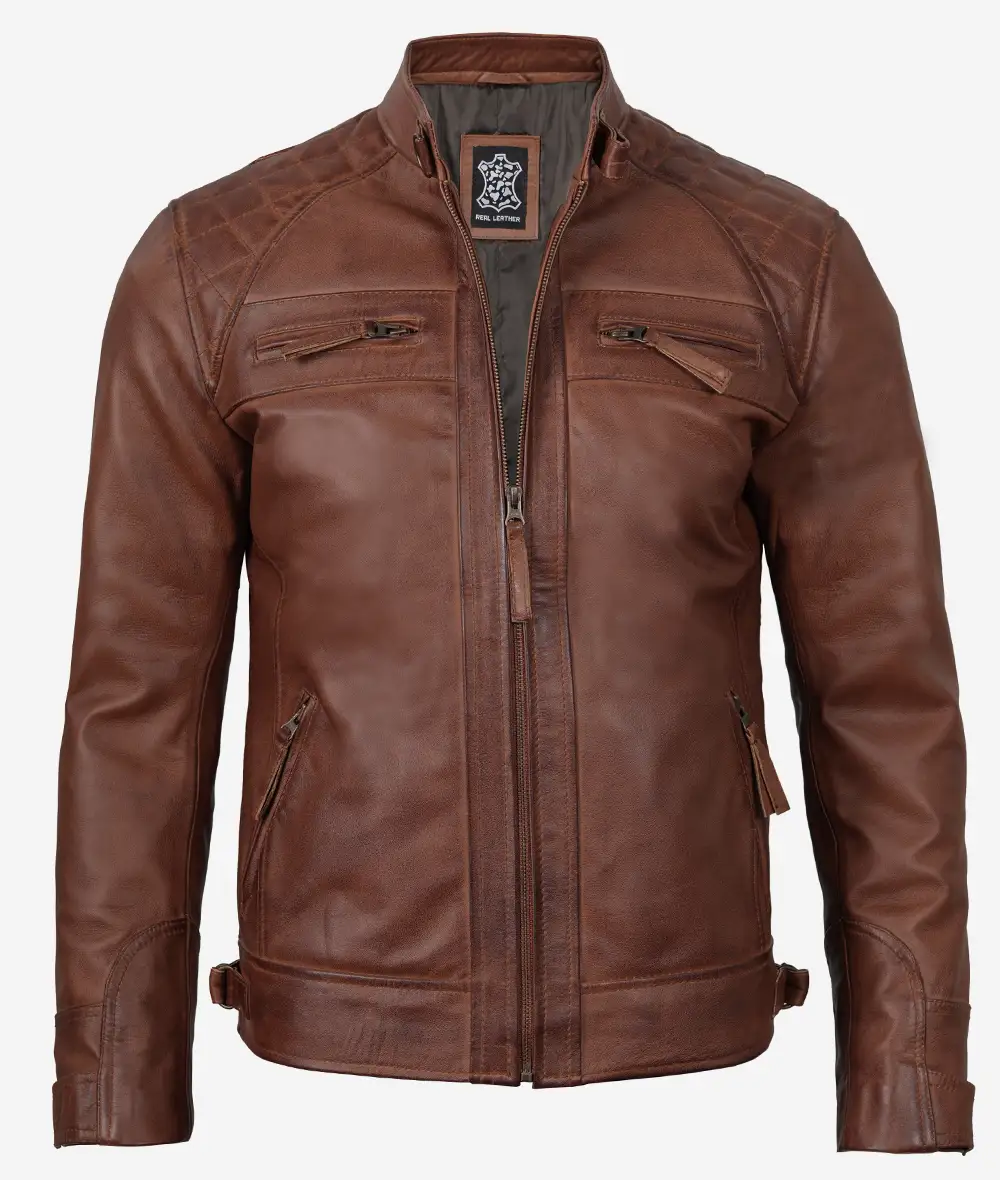 Men's Cognac Brown Quilted Biker Leather Jacket