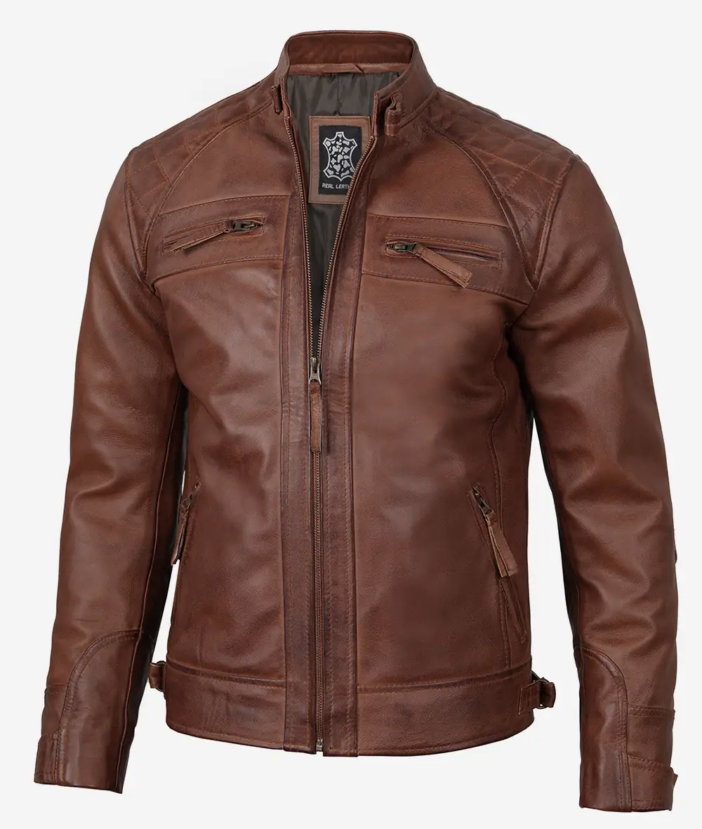 Men's Cognac Brown Quilted Biker Leather Jacket