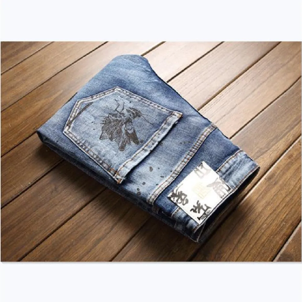 Men's American Letter Printed Slim Fit Elastic Casual Skinny Jeans Pants