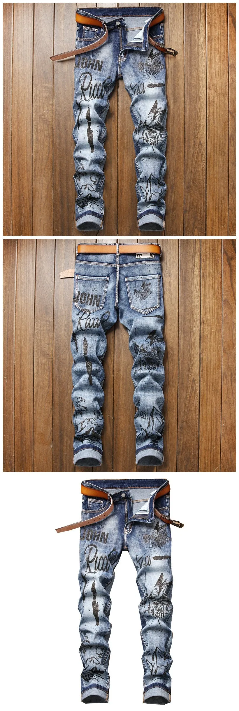 Men's American Letter Printed Slim Fit Elastic Casual Skinny Jeans Pants