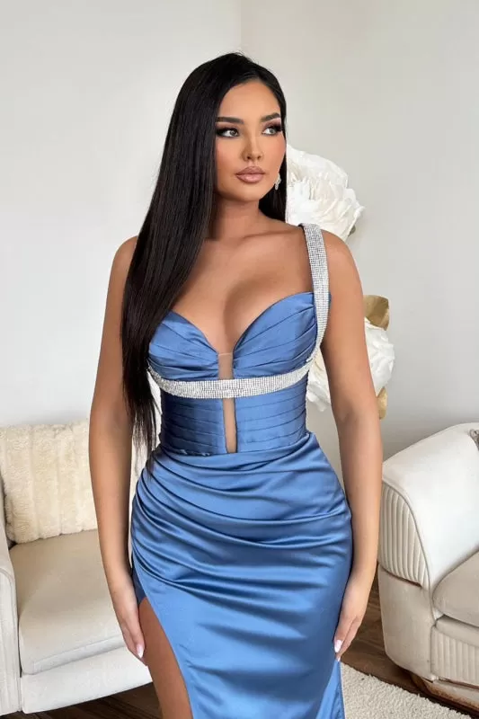 Mermaid Prom Dress Ocean Blue Spaghetti Strap High Slit V Neck Sleeveless