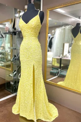 Mermaid Yellow Sequins Long Prom Dress with Slit