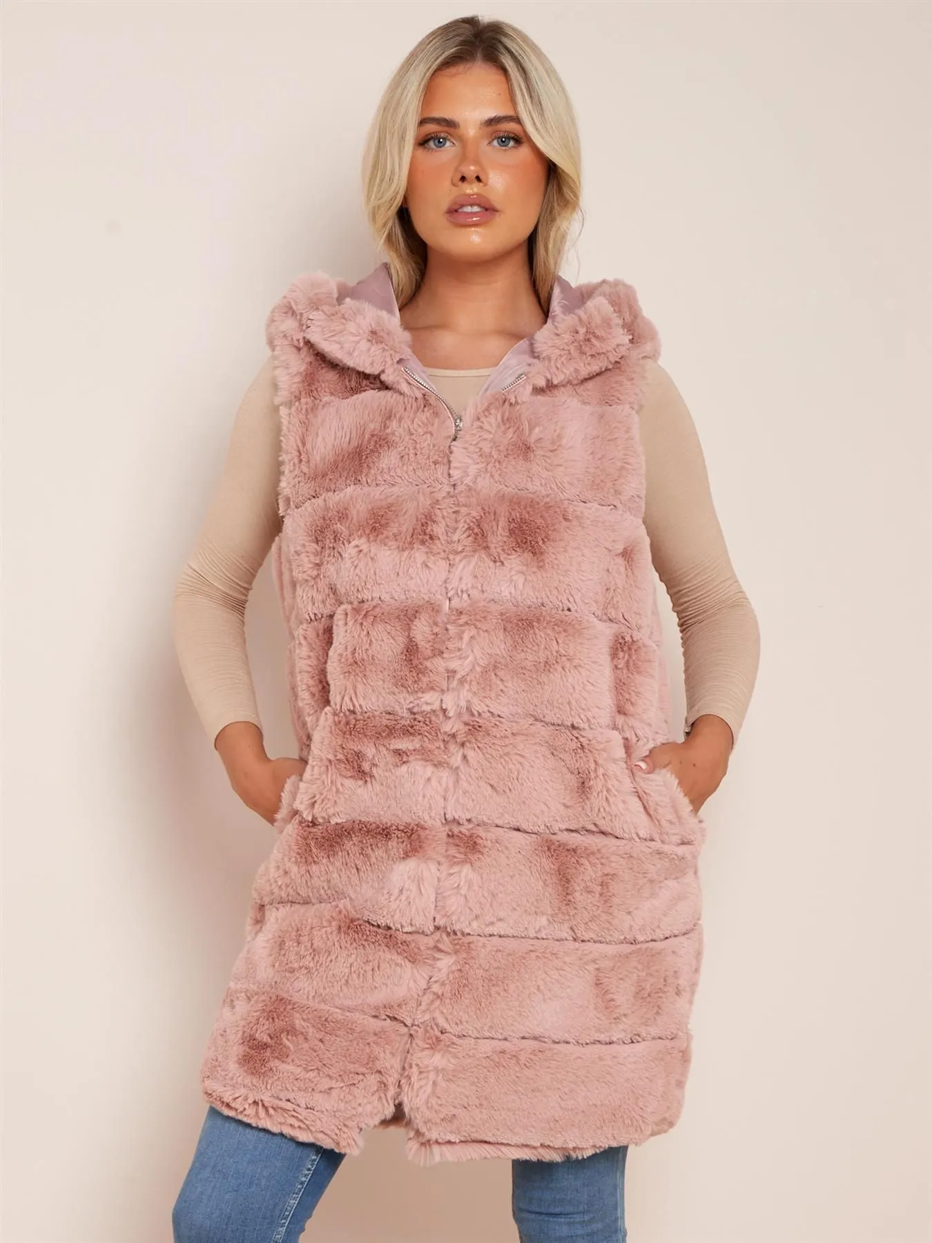 Mid Length Faux Fur Gilet Sleeveless Jacket Hooded, UK Sizes 8 to 16