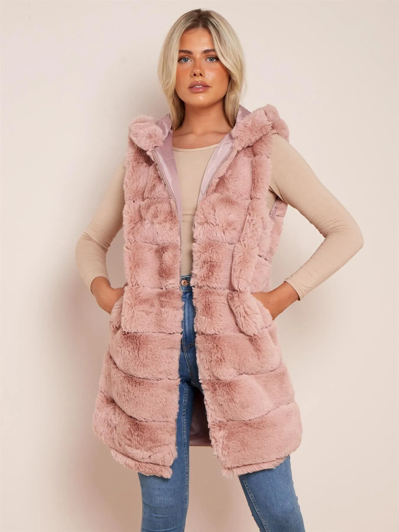 Mid Length Faux Fur Gilet Sleeveless Jacket Hooded, UK Sizes 8 to 16