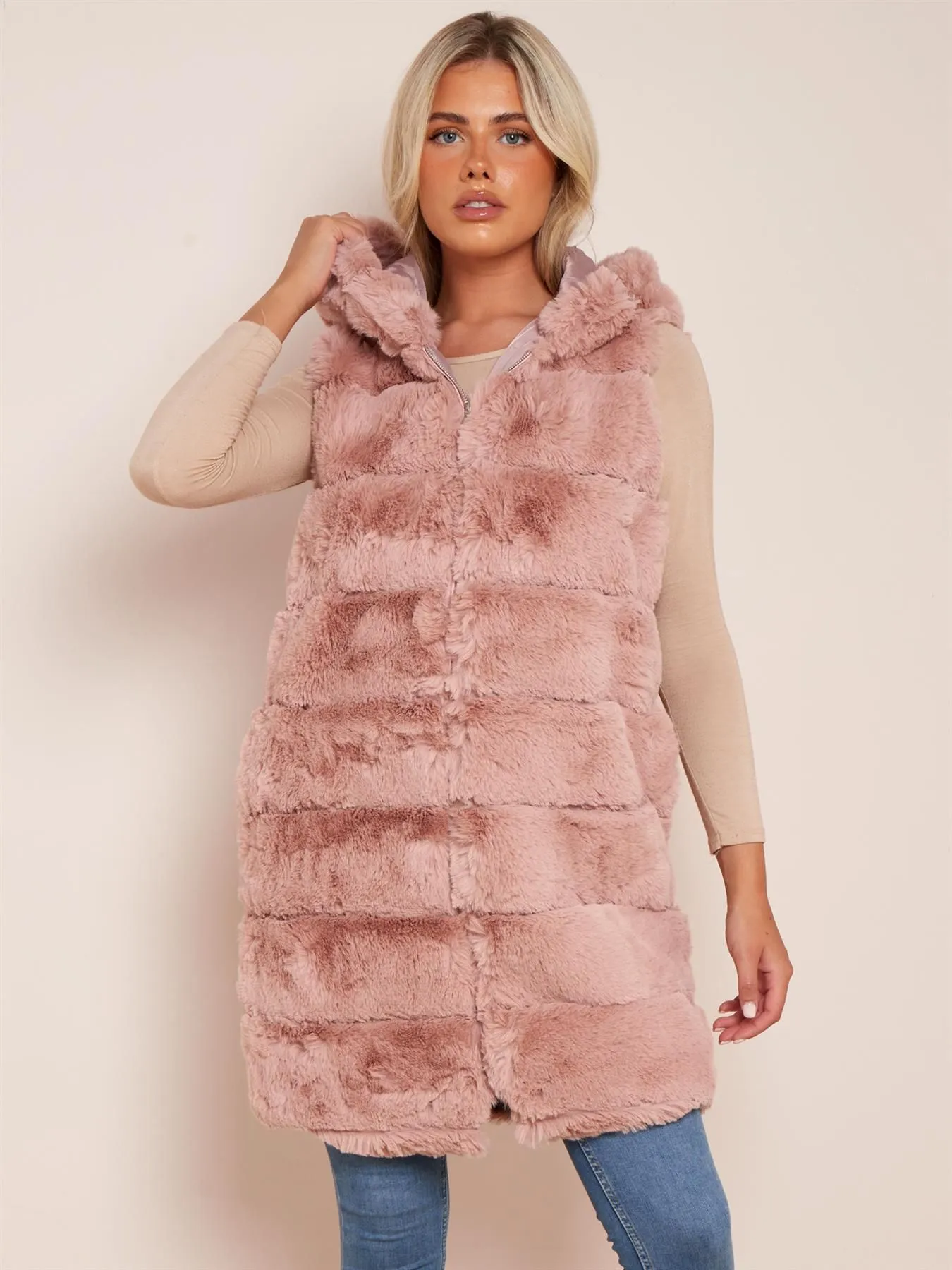 Mid Length Faux Fur Gilet Sleeveless Jacket Hooded, UK Sizes 8 to 16