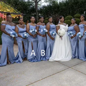 Mismatched Off Shoulder Mermaid Side Slit Satin Dusty Blue Long Bridesmaid Dresses Online, BG734