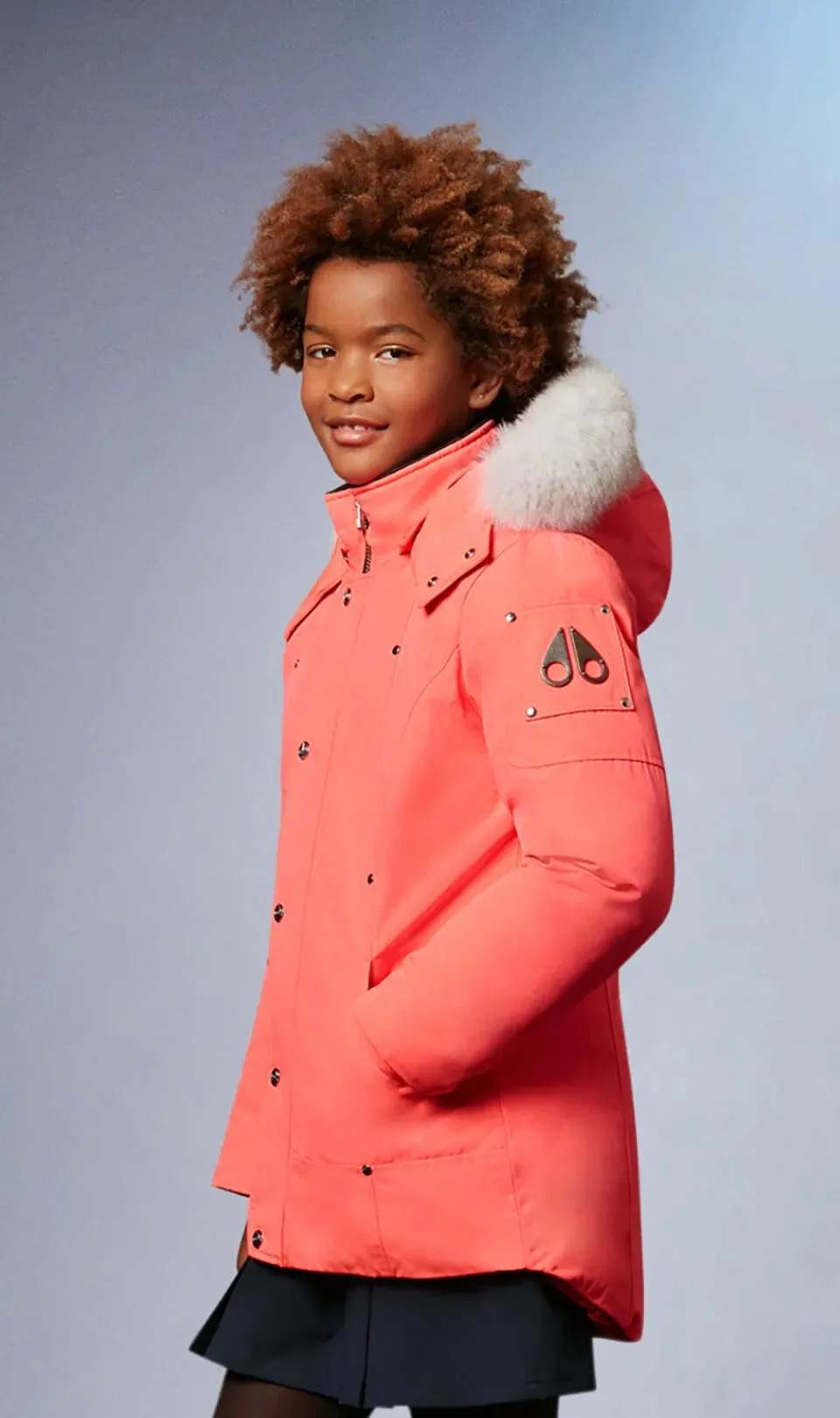 Moose Knuckles Kids Unisex Original Parka Winter Coat in Coral / Natural Fox Fur