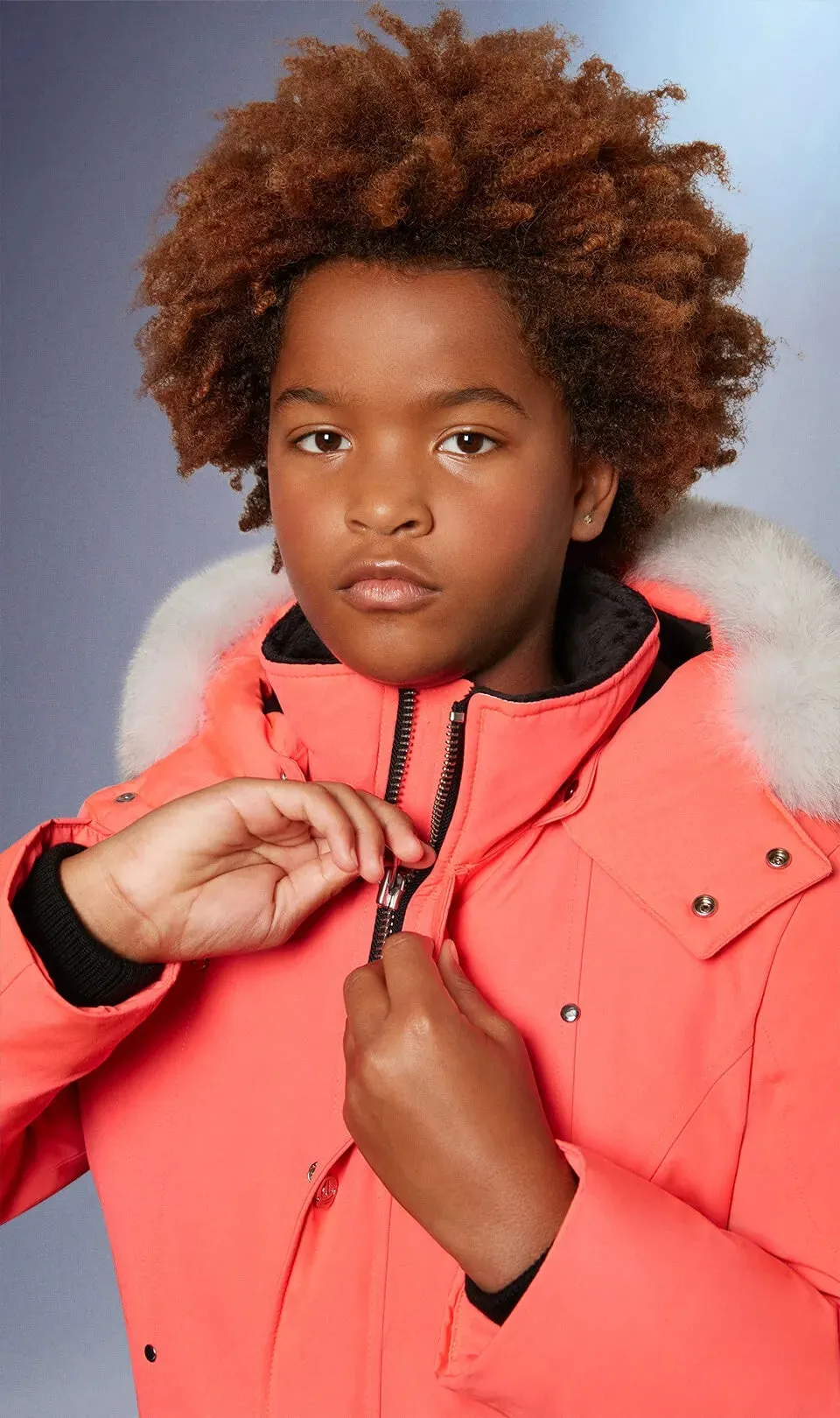 Moose Knuckles Kids Unisex Original Parka Winter Coat in Coral / Natural Fox Fur