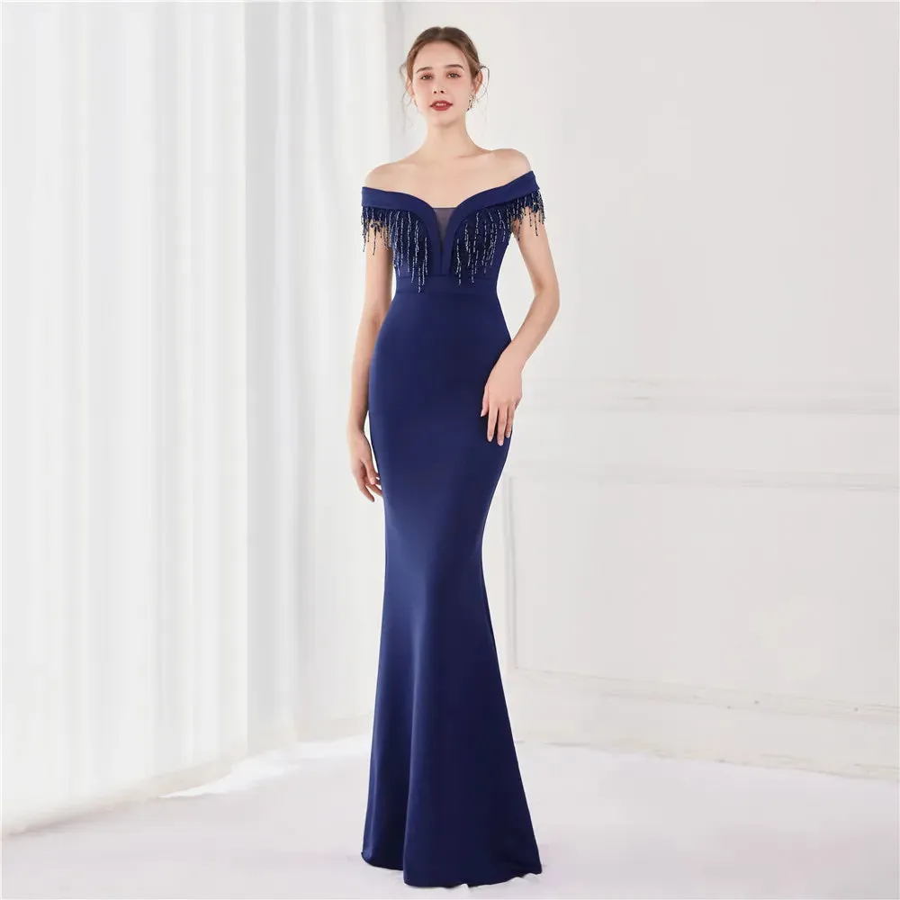 Navy Blue Appliques Beading Long Evening Elegant Off Shoulder Formal Party Prom Dress