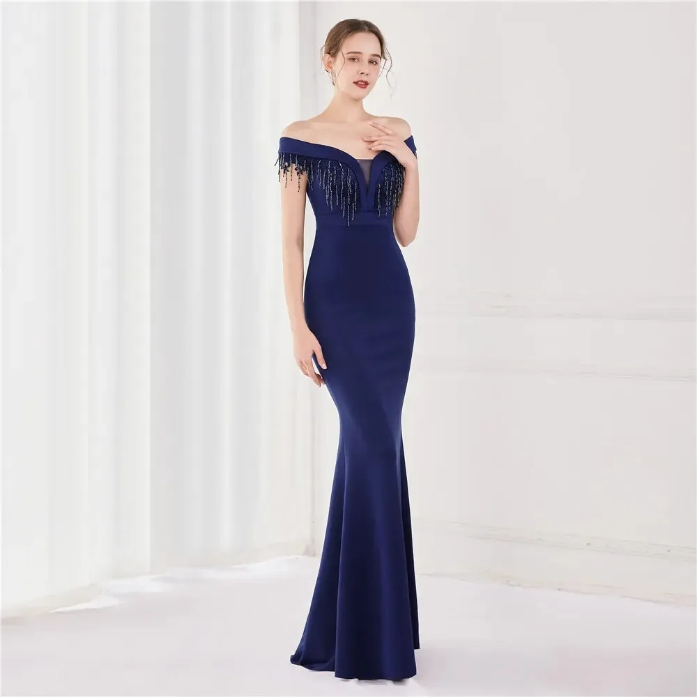 Navy Blue Appliques Beading Long Evening Elegant Off Shoulder Formal Party Prom Dress