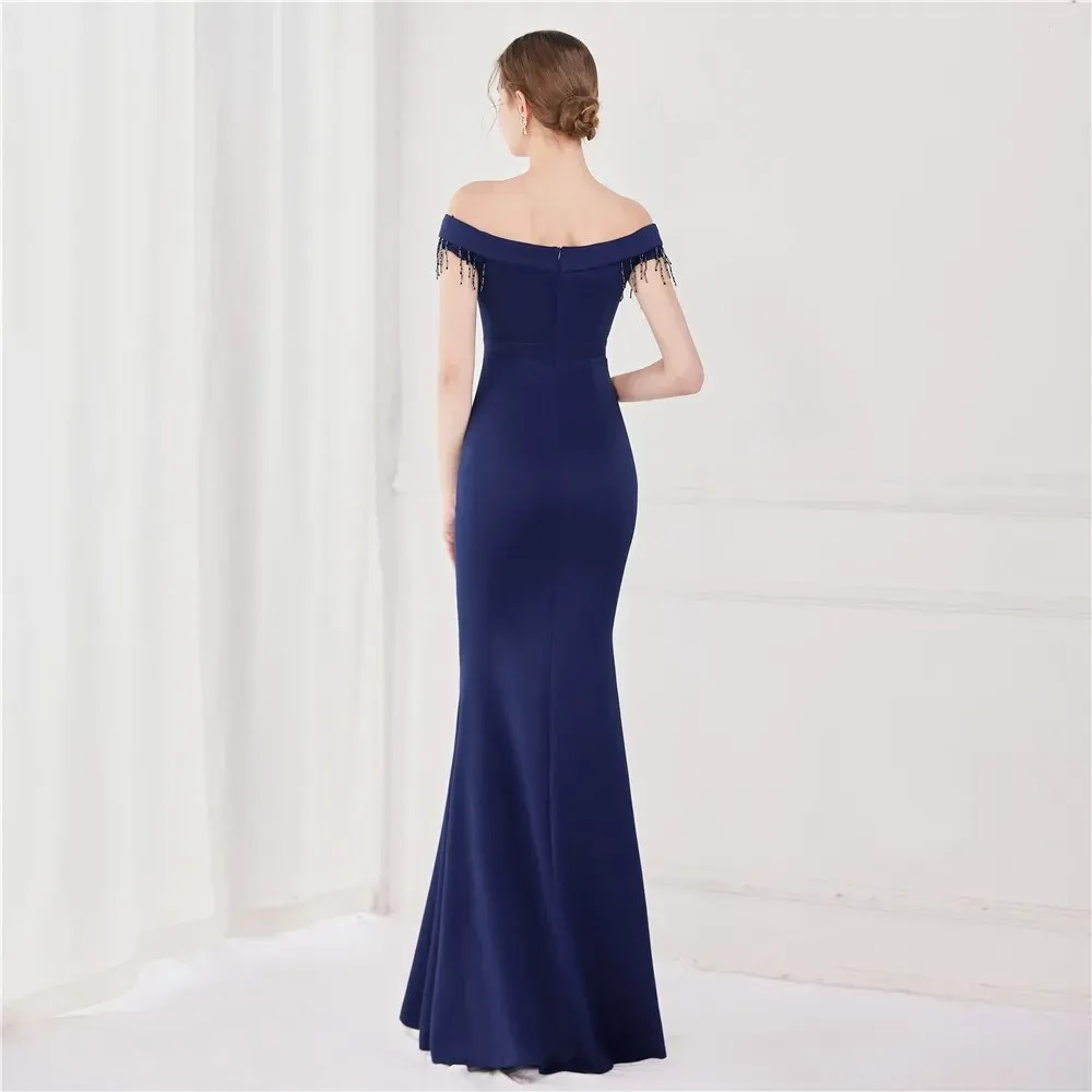 Navy Blue Appliques Beading Long Evening Elegant Off Shoulder Formal Party Prom Dress