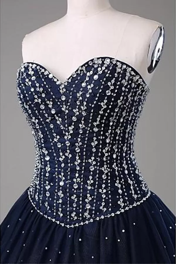 Navy Blue Ball Gown Floor Length Sweetheart Sleeveless Mid Back Prom Dresses