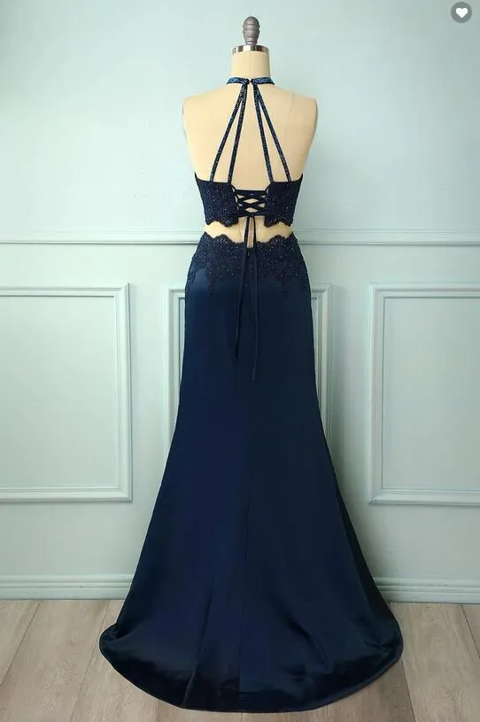 Navy Blue Halter Two Piece Long Fitted Prom Dress with Slit