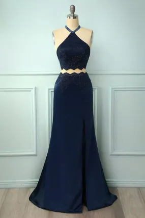 Navy Blue Halter Two Piece Long Fitted Prom Dress with Slit