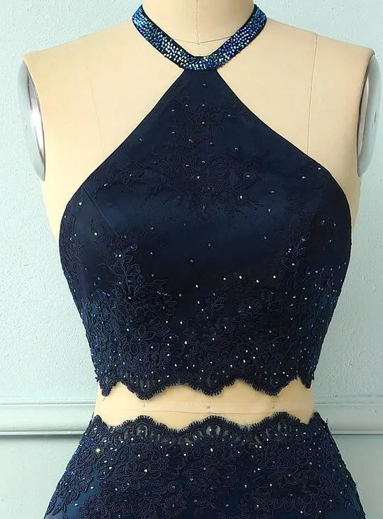 Navy Blue Halter Two Piece Long Fitted Prom Dress with Slit