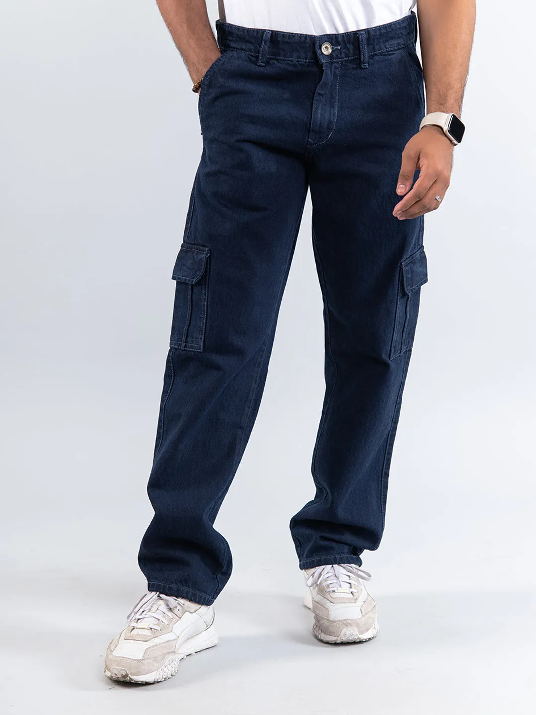 Navy Blue Straight Fit Cargo Denim Jeans