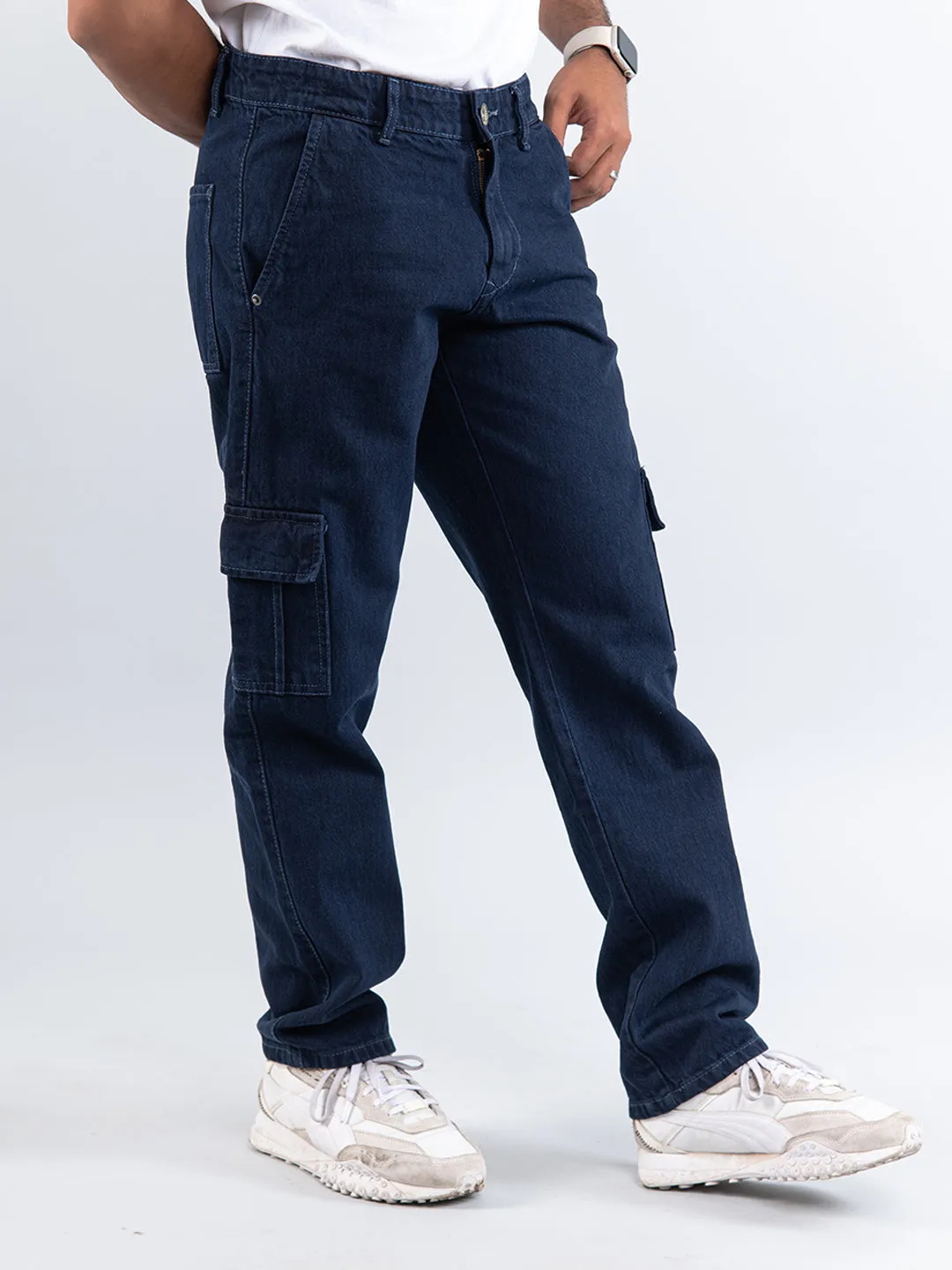 Navy Blue Straight Fit Cargo Denim Jeans