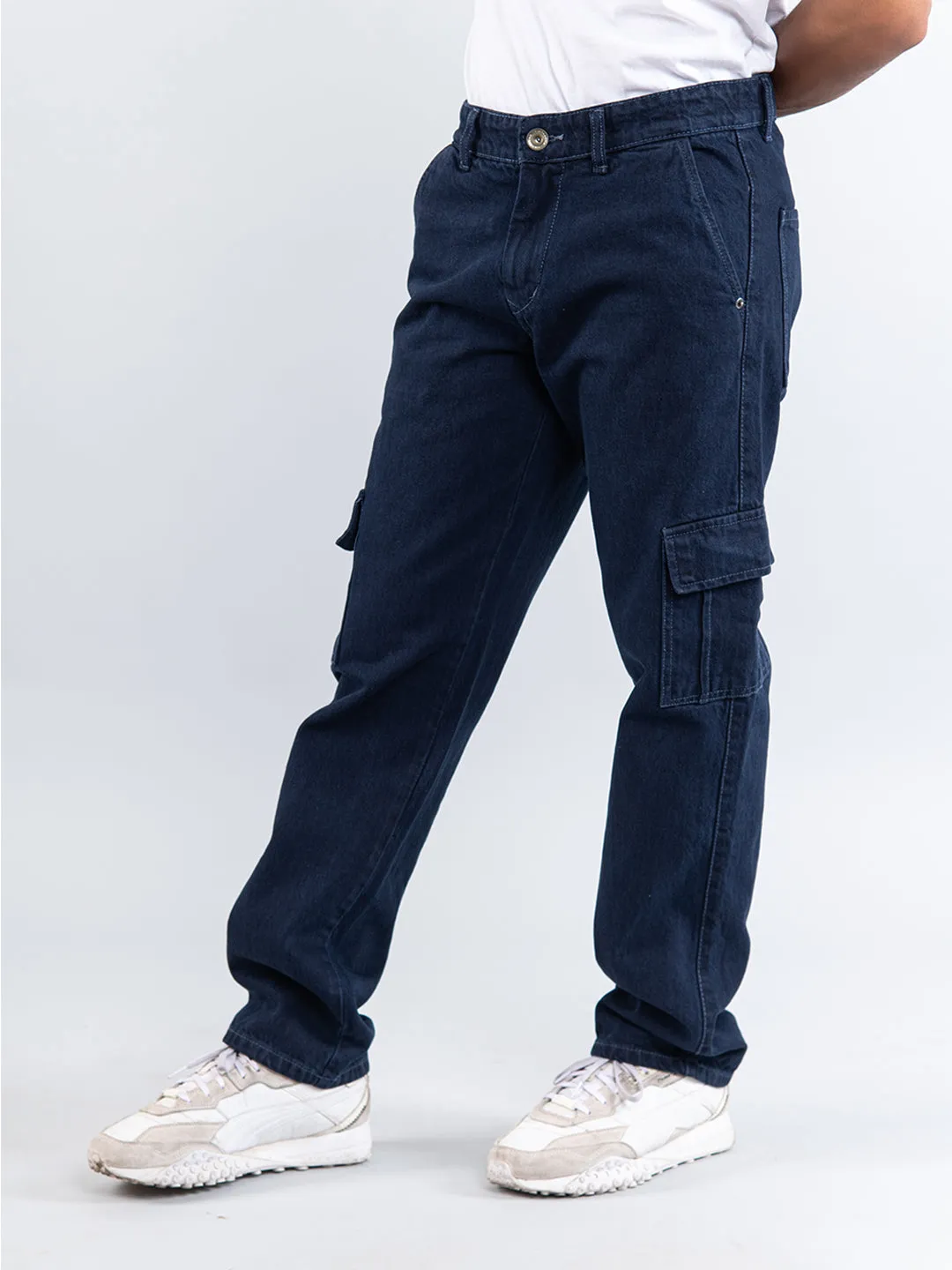 Navy Blue Straight Fit Cargo Denim Jeans