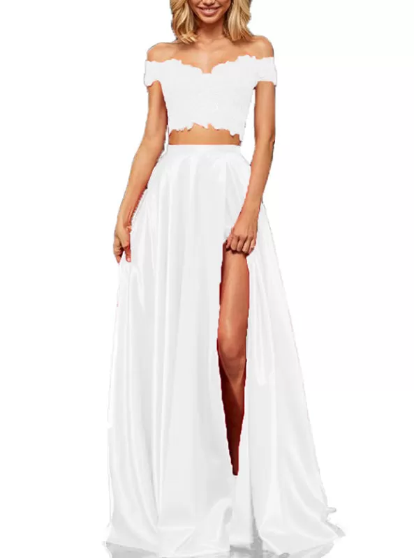 Off-the-Shoulder Two Piece Prom Dress With Slit Appliques